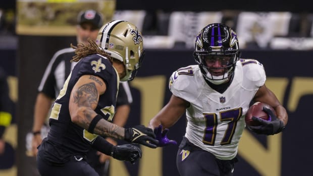 Baltimore Ravens running back Kenyan Drake (17) rushes against New Orleans Saints safety Tyrann Mathieu (32) during the first half at Caesars Superdome.